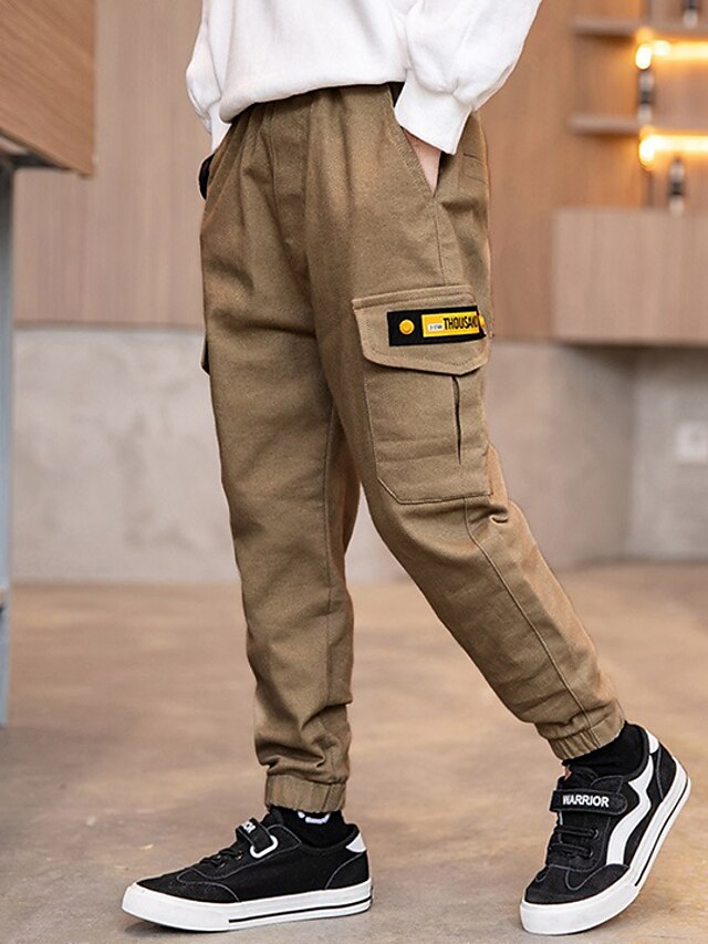  Kids Boys' Pants Khaki Black With Pockets Solid Colored Logo Letter School Casual Daily Wear Cotton Basic Casual Sports 4-13 Years / Fall / Spring