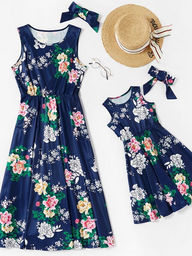  Mommy and Me Cotton Dress Floral Print Blue Midi Sleeveless Basic Matching Outfits / Summer