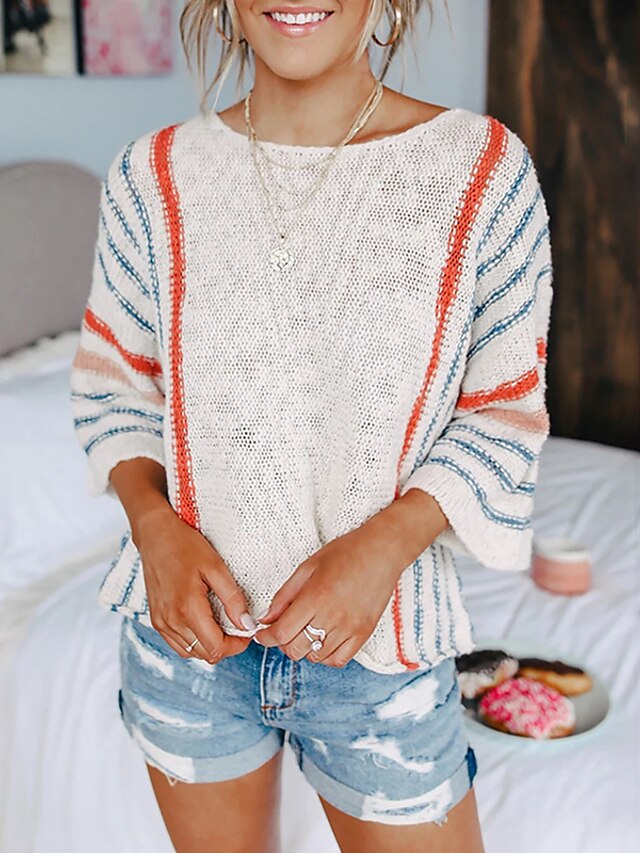  Women's Pullover Sweater Jumper Stripes Knitted Casual 3/4 Length Sleeve Loose Sweater Cardigans Fall Spring Summer Crew Neck White