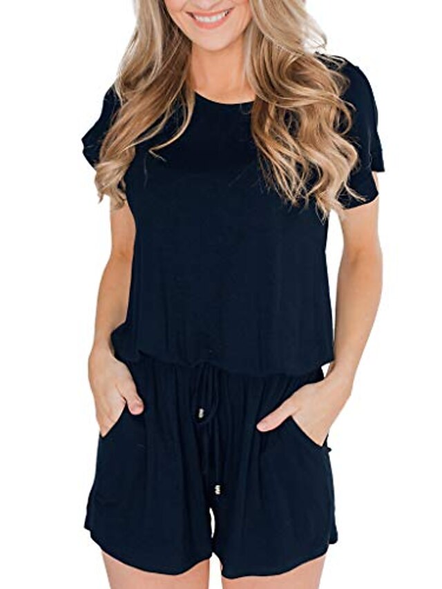  Women's Romper Solid Color Casual Casual Daily Short Sleeve Standard Fit Stripe ArmyGreen Black S M L Spring