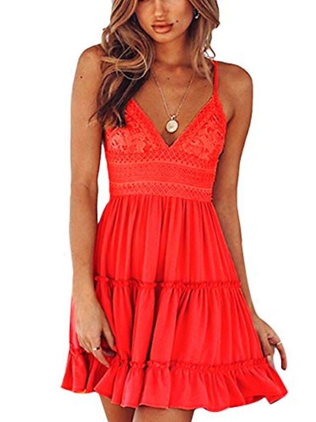  Damen Spaghettiträger V-Ausschnitt Swing Minikleid Ärmel solide Spitze Patchwork kurzes Kleid rot