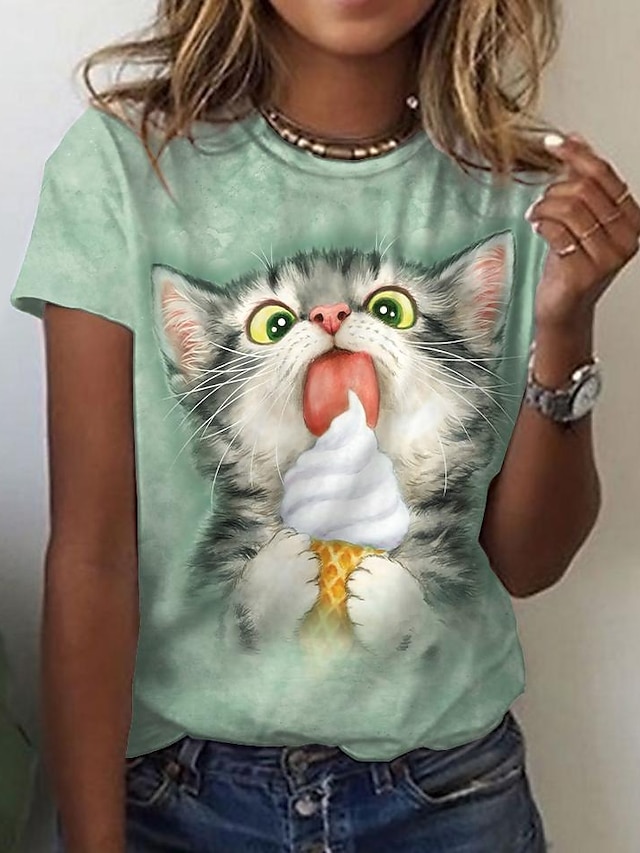  Dame T skjorte Grønn Trykt mønster Katt 3D Daglig Helg Kortermet Rund hals Grunnleggende Normal 3D Cat S
