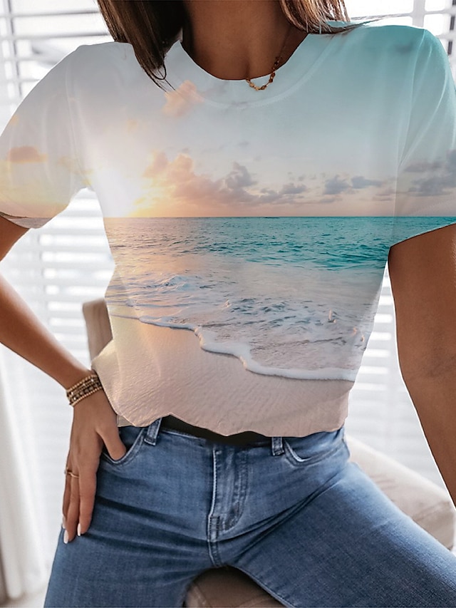  Per donna maglietta Paesaggi Oceano Blu Stampa Manica corta Per eventi Fine settimana Essenziale Rotonda Standard