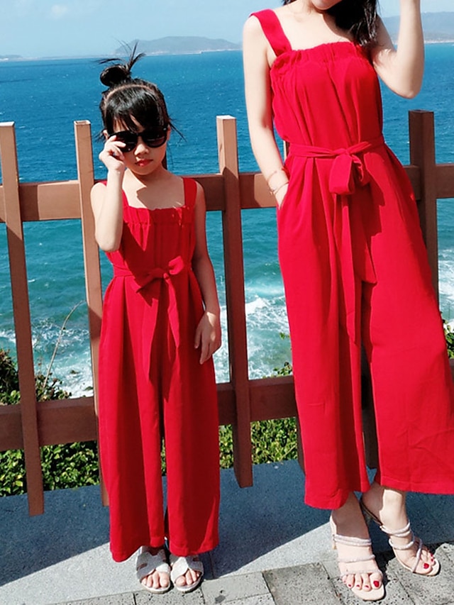  Family Look Overall & Jumpsuit Daily Solid Colored Patchwork Red Maxi Sleeveless Active Matching Outfits