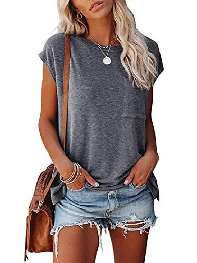  women's casual cap sleeve shirts summer loose solid color basic tee tops with pocket dark gray