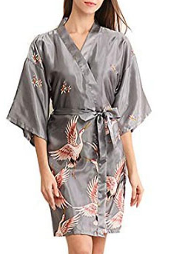  Women's Robes Loungewear Pajamas Peacock Peacock Cotton Blend Robes Casual Pajamas V Neck Home Daily Wear 3/4-Length Sleeve Lace Up Belt Included