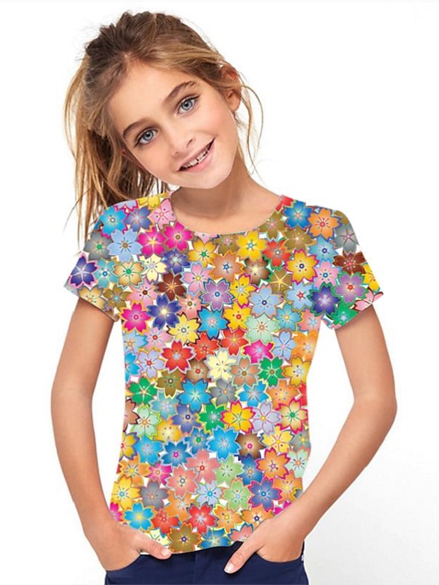  Jente T skjorte Kortermet T skjorte T-skjorte Grafisk 3D-utskrift Aktiv Polyester Rayon Barn 3-12 år 3D-trykt grafikk Skjorte