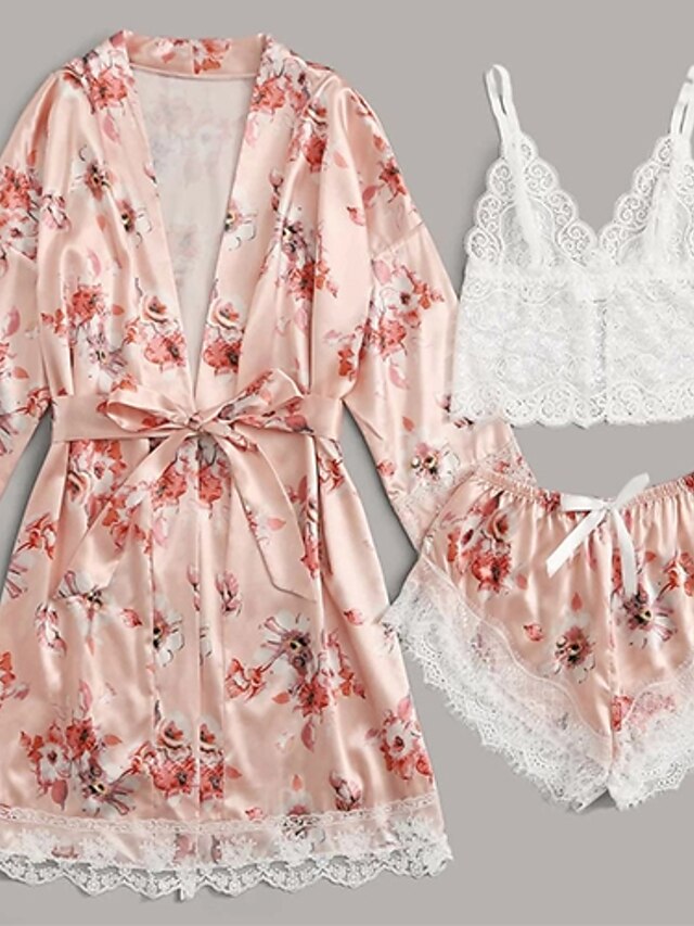  Women's 3 Pieces Pajamas Sets Satin Casual Comfort Lace Floral Imitated Silk Home Party Daily V Neck Gift Strap Top Long Sleeve Vintage Style Printing Shorts Spring Summer Belt Included Pink