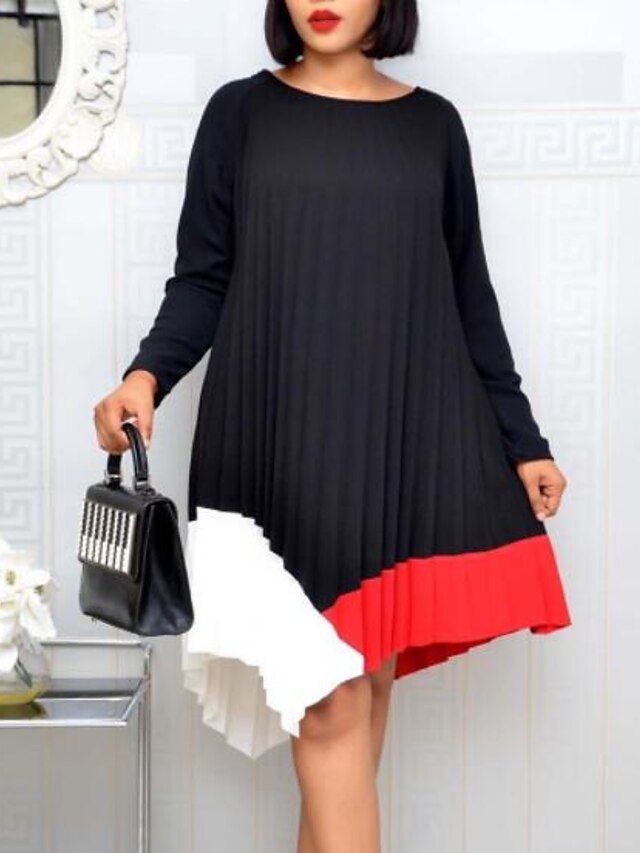  Women's Plus Size Color Block Swing Dress Round Neck Long Sleeve Casual Spring Summer Going out Weekend Knee Length Dress Dress