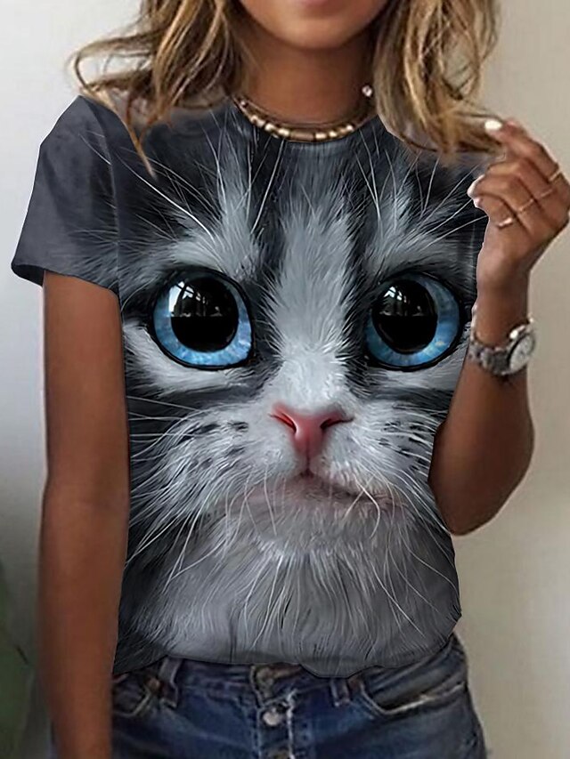  Dame T skjorte Grafisk Katt 3D Grå Trykt mønster Kortermet Daglig Helg Grunnleggende Rund hals Normal