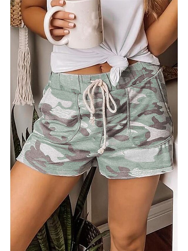  Women's Basic Casual Drawstring Pocket Print Shorts Slacks Short Pants Inelastic Fitness Weekend Camouflage Mid Waist Breathable Soft ArmyGreen Gray Light Green S M L XL XXL