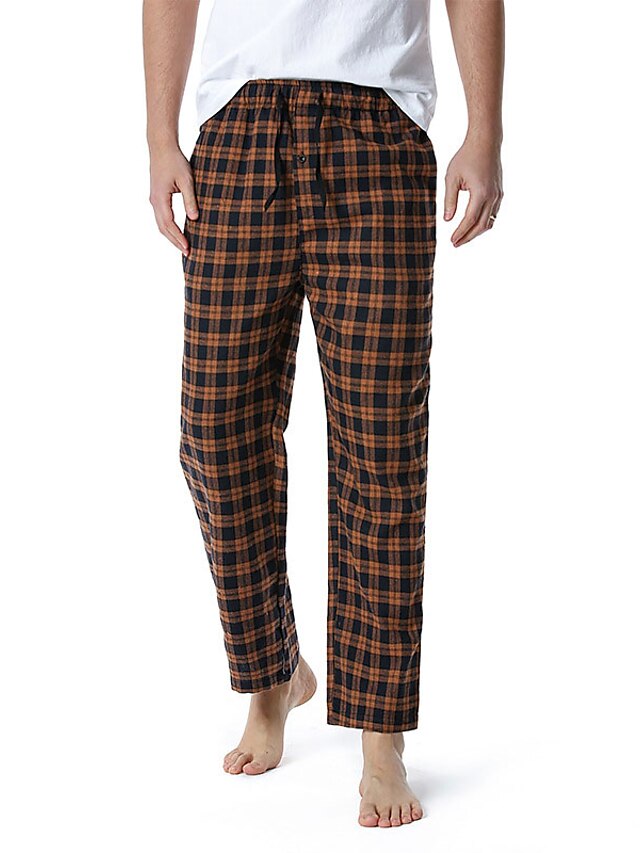  Men's 1 PC Bottom Casual Daily Plaid Cotton Home Casual Check Pattern Pant Spring, Fall, Winter, Summer Black Yellow / Drawstring