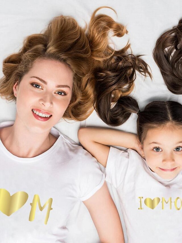  Mommy and Me Cotton T shirt Tops Daily Heart Letter Print White Black Gray Short Sleeve Daily Matching Outfits / Summer