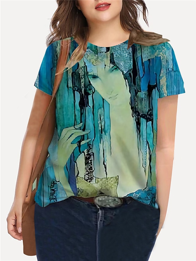  Damen Übergröße Oberteile T-Shirt Grafik Porträt Druck Kurzarm Rundhalsausschnitt Grundlegend Sommer Blau Grün Große Größe XL XXL 3XL 4XL 5XL / Übergrössen