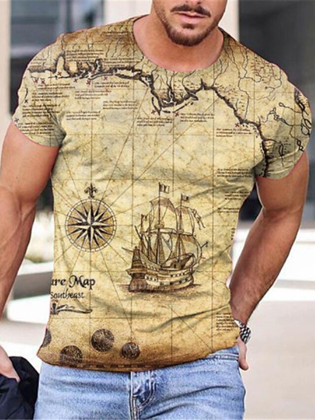  Map Vintage Mens 3D Shirt For Travel | Yellow Summer Cotton | Men'S Tee Graphic Prints Round Neck 3D Daily Holiday Short Sleeve Clothing Apparel Designer Casual Big And