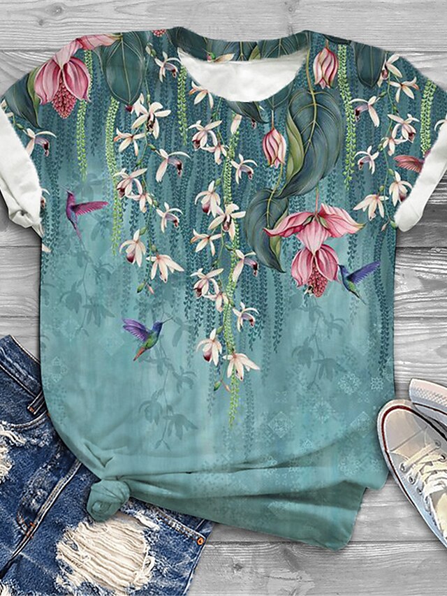  Women's Plus Size Tops T shirt Floral Graphic Short Sleeve Print Basic Crewneck Cotton Spandex Jersey Daily Holiday Green