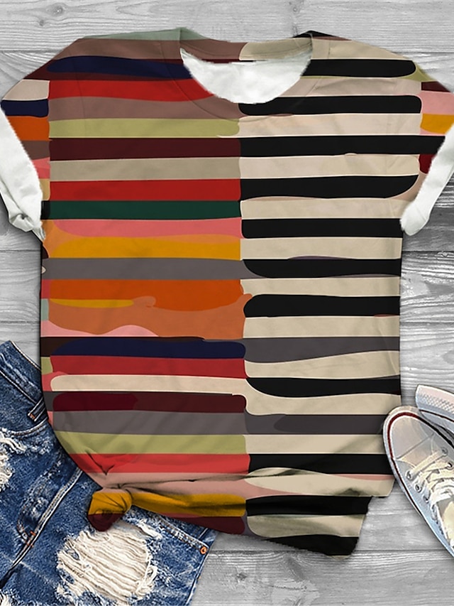 Women's Plus Size Tops T shirt Striped Graphic Short Sleeve Print Basic Crewneck Cotton Spandex Jersey Daily Holiday Black Rainbow
