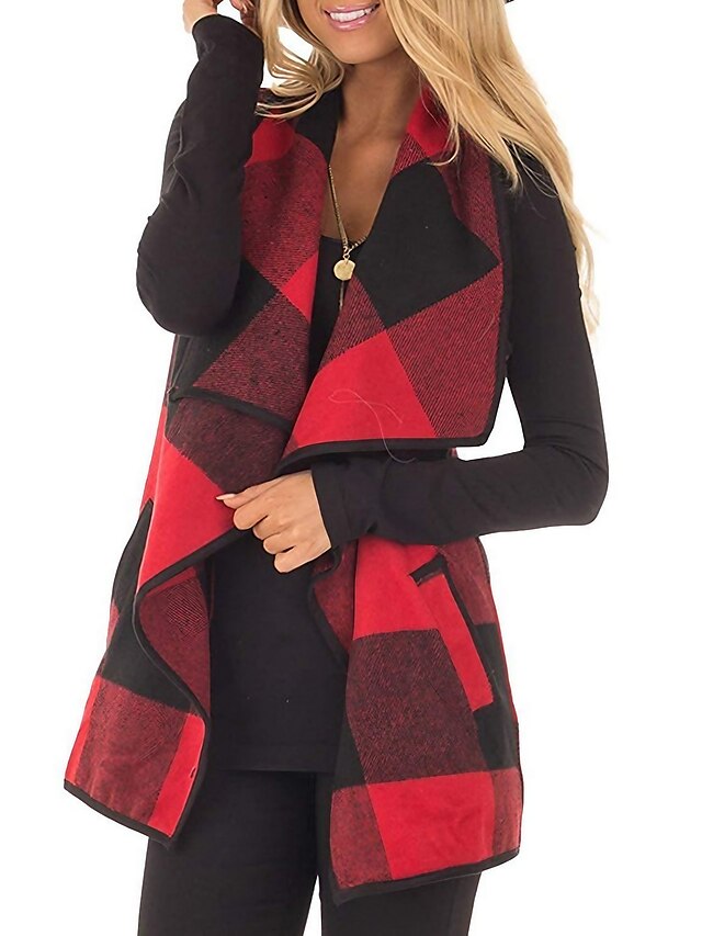  Women's Cloak / Capes Spring &  Fall Winter Daily Going out Regular Coat Regular Fit Casual Jacket Sleeveless Patchwork Plaid / Check Purple Gray Khaki / Cotton Blend / Wet and Dry Cleaning