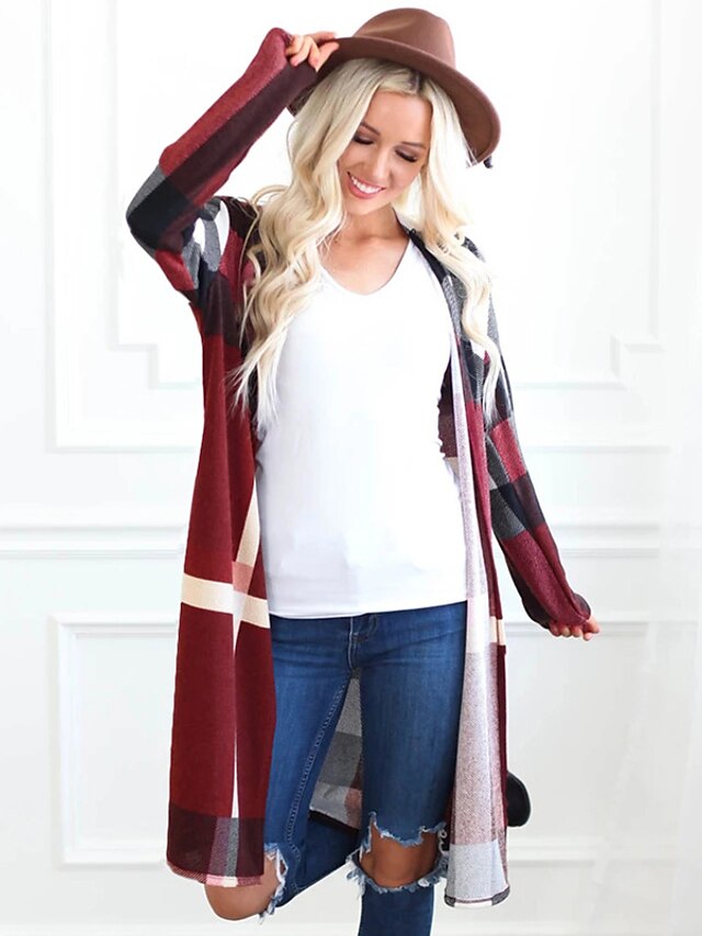  Women's Cardigan Plaid / Check Long Sleeve Sweater Cardigans Others Wine Red Black Navy Blue