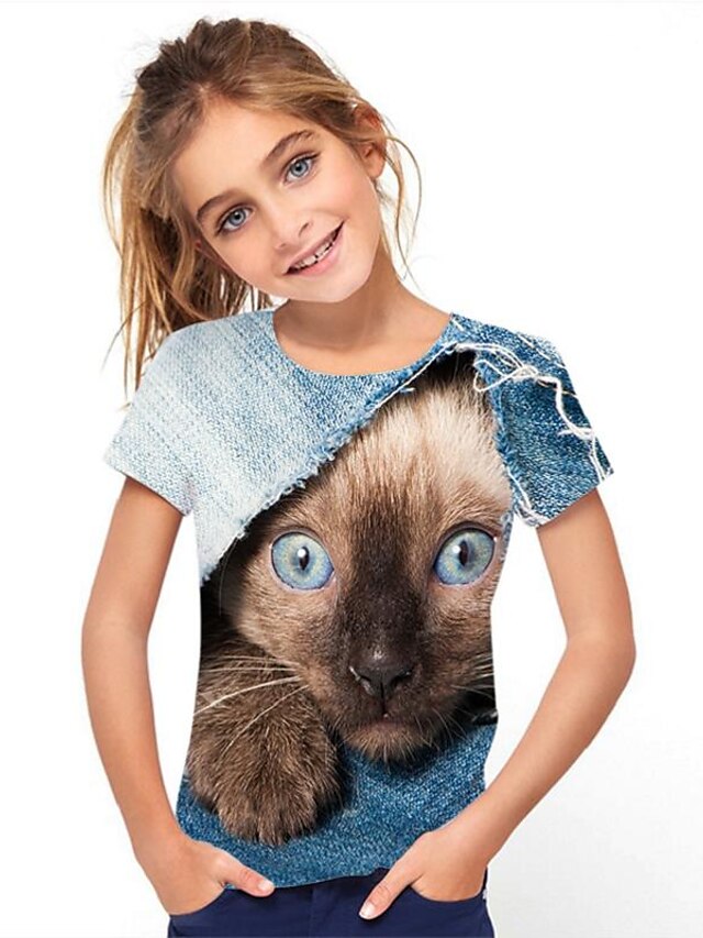  Barn Jente T skjorte T-skjorte Kortermet Regnbue 3D-utskrift Grafisk Skole Aktiv 3-12 år