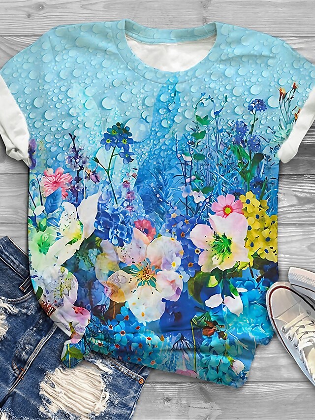  Mulheres Plus Size Blusas Camiseta Floral Gráfico Manga Curta Imprimir Básico Crewneck Algodão Spandex Jersey Diário Feriado Azul / Tamanho Grande / Tamanho Grande
