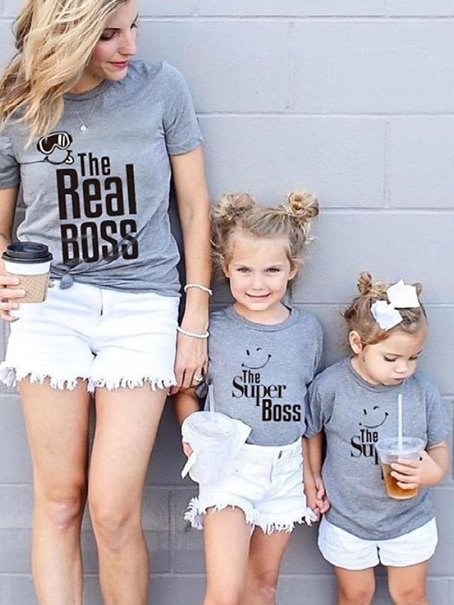  Family Look Cotton T shirt Tops Daily Letter Print White Black Gray Short Sleeve Basic Matching Outfits