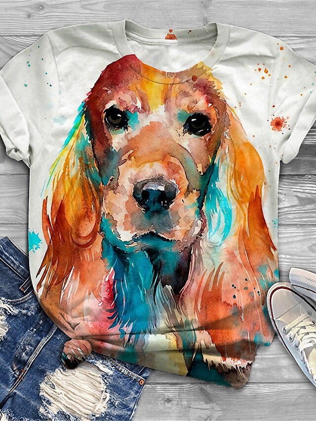  Women's Plus Size Tops T shirt Dog Graphic Short Sleeve Print Basic Crewneck Cotton Spandex Jersey Daily Holiday White