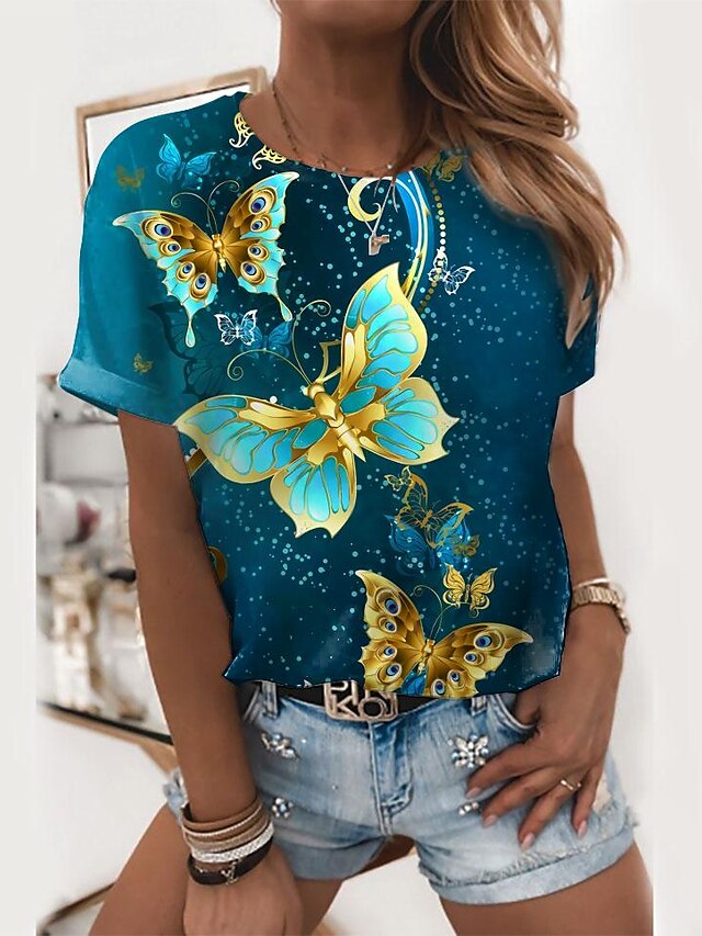  Damen Graphic Schmetterling Täglich Wochenende Schmetterling Farbe Kurzarm T Shirt Rundhalsausschnitt Bedruckt Basic Oberteile Grün S / 3D-Druck