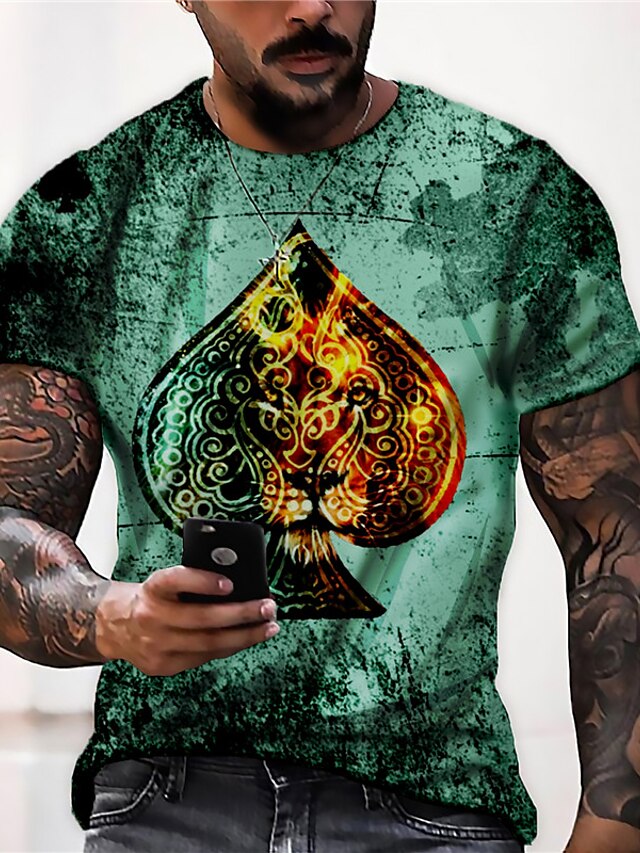  Men's Tee T shirt Shirt Graphic Prints Poker 3D Print Crew Neck Daily Holiday Short Sleeve Print Tops Casual Vintage Classic Designer Green / Summer