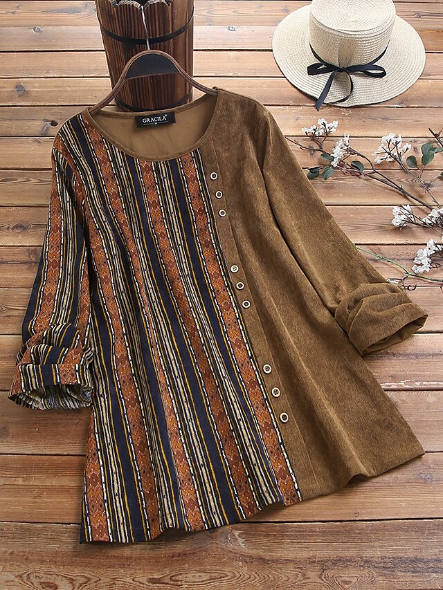  Women's Striped Daily Weekend Long Sleeve Blouse Shirt Round Neck Button Print Ethnic Casual Tops Blue Wine Khaki M / 3D Print
