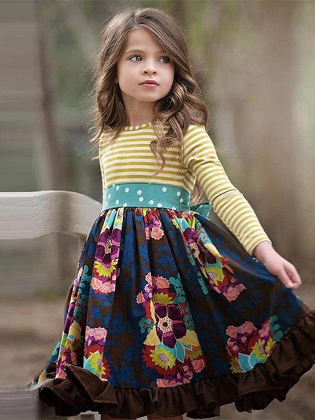  Kids Little Dress Girls' Floral Polka Dot Striped Daily Ruffle Patchwork Navy Blue Knee-length Cotton Long Sleeve Vintage Cute Casual Dresses Spring Fall Regular Fit 3-12 Years / Winter