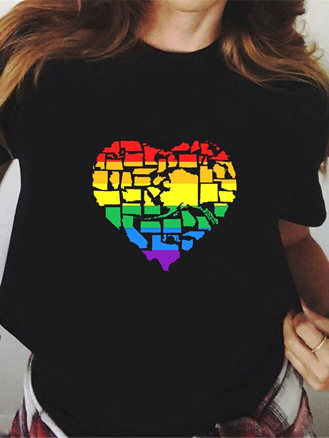  Mujer Camiseta Orgullo LGBT Pintura Arco iris Corazón Escote Redondo Estampado Básico Orgullo LGBT Tops Blanco Negro