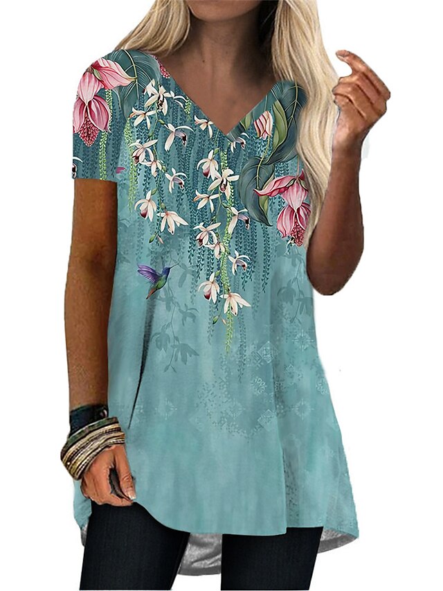  Damen Minikleid T Shirt Kleid Grün Weiß Kurzarm Bedruckt Blumen Farbverläufe V-Ausschnitt Sommer Alltag 2022 S M L XL XXL 3XL