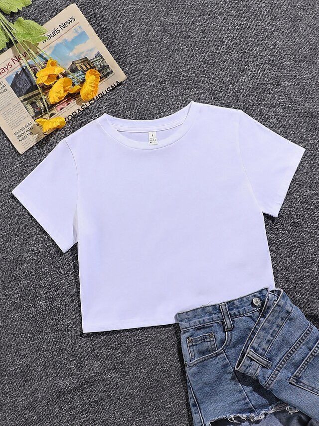  Women's Daily Crop Tshirt Short Sleeve Plain Round Neck Basic Tops White Black Pink XS