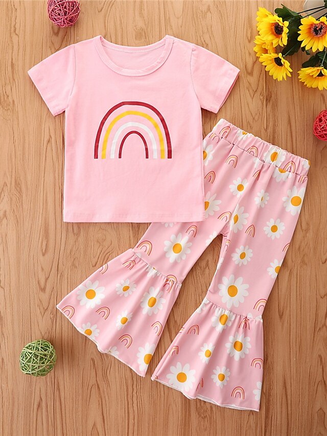  Toddler Girls' Clothing Set Children's Day Short Sleeve 2 Pieces Pink Black Red Rainbow Casual Cotton Regular Basic / Summer