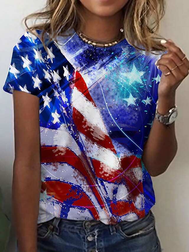  Dame T-shirt Stribet Amerikansk flag Nationalflag Blå Trykt mønster Kortærmet Weekend Uafhængighedsdagen Basale Rund hals Regulær