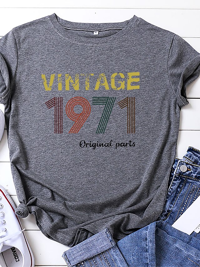  vintage 1971 t-shirt 100% Cotton women birthday gift shirts funny letter print birthday party short sleeve tees tops (dark grey, x-large)