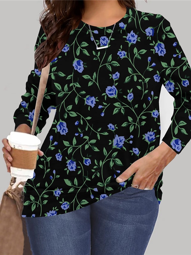  Damen Übergröße Oberteile Tunika Blumen Grafik Langarm Bedruckt Grundlegend Kapuzenshirt Rundhalsausschnitt Mikrofaser Täglich Herbst Marineblau