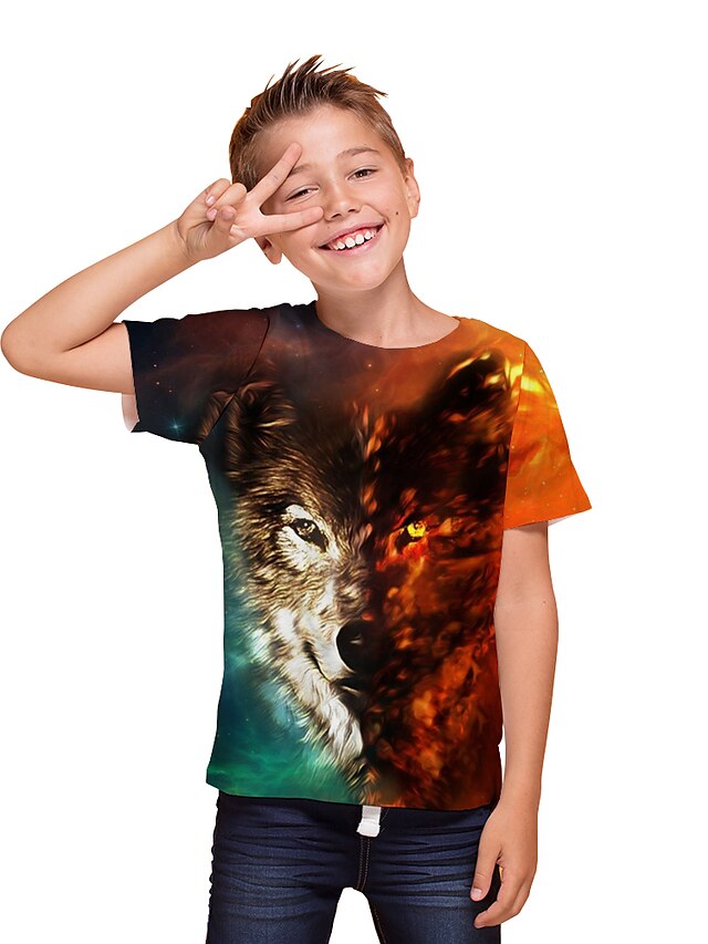  Børn Drenge T-shirt Kortærmet Ulv 3D-udskrivning Dyr Unisex Trykt mønster Orange Børn Toppe Sommer Aktiv Dagligdagstøj Regulær 3-12 år