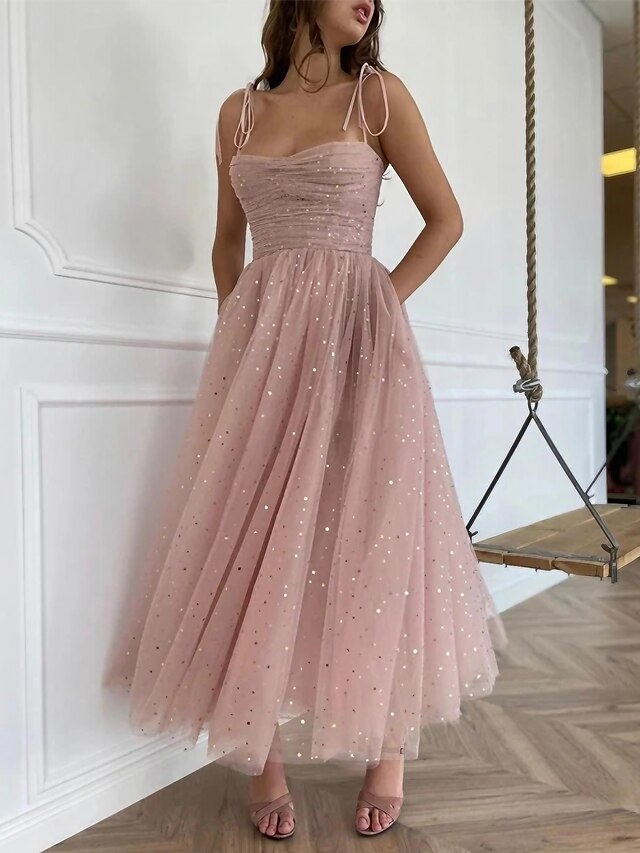 Women's Midi Dress Swing Dress Pink Sleeveless Mesh Solid Color Spaghetti Strap Spring Summer Party Elegant Romantic 2022 S M L XL