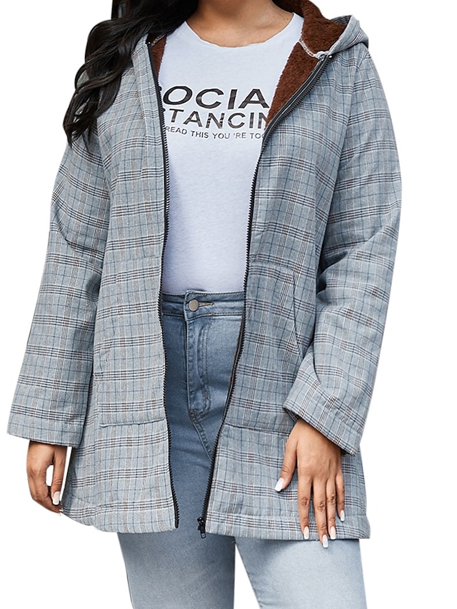  Women's Plus Size Coat Zipper Pocket Plaid Outdoor Hoodie Long Sleeve Fall Winter Long Gray XL 2XL 3XL 4XL 5XL