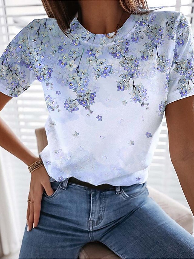  Damen T Shirt Blumen Pflanzen Täglich Wochenende Bedruckt Blau Kurzarm Basic Rundhalsausschnitt