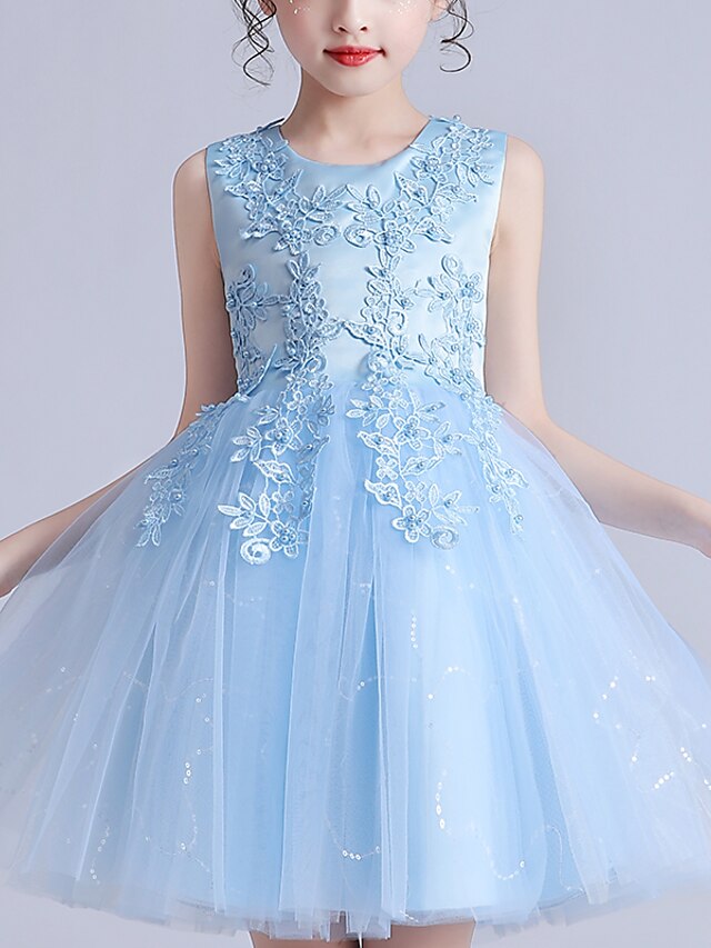  Girls' Navy Blue Sequin Embroidery Flower Dress