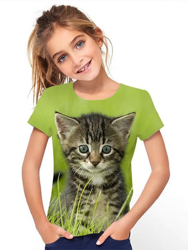  Kinder Mädchen T-Shirt Kurzarm 3D-Druck Grafik Regenbogen Kinder Oberteile Frühling Sommer Aktiv Schulanfang 3-12 Jahre