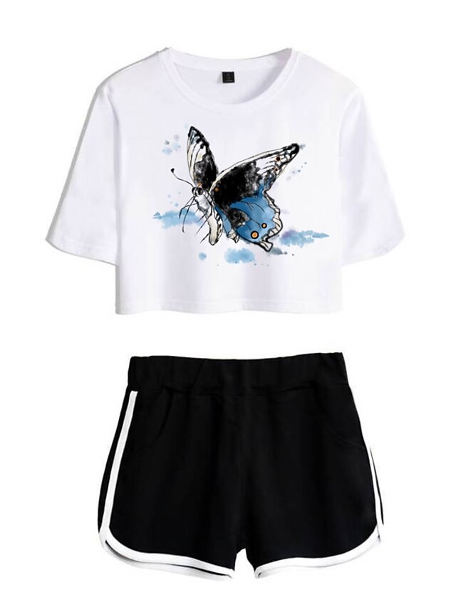  Women Basic Streetwear Butterfly Casual Vacation Two Piece Set Tracksuit T shirt Loungewear Shorts Jogger Pants Drawstring Print Tops