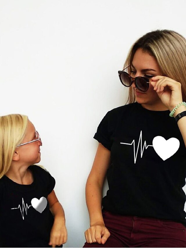  Mommy and Me Cotton T shirt Tops Daily Heart Print Black Gray Red Short Sleeve Daily Matching Outfits