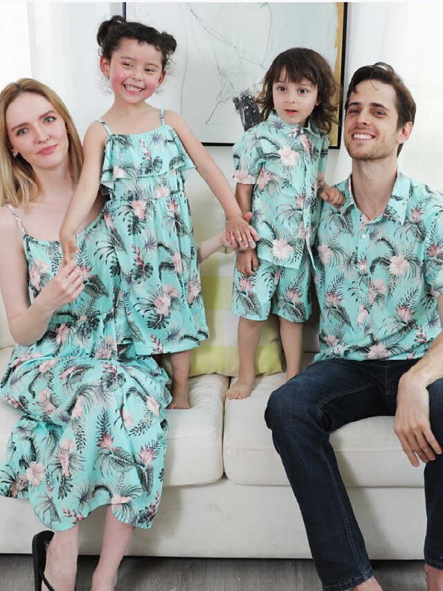  Family Look Family Sets Mommy and me Dress T shirt Cotton Floral Print Light Green Sleeveless Maxi Vacation Matching Outfits
