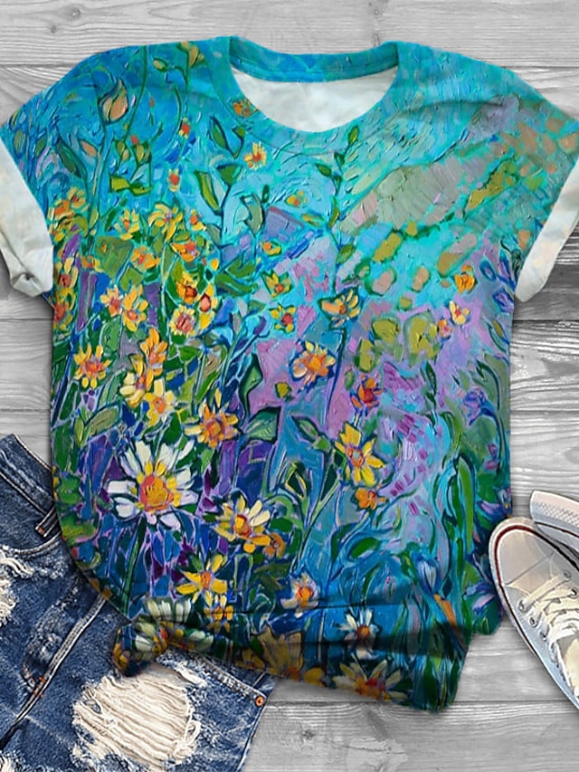  Women's Plus Size Tops T shirt Floral Graphic Print Short Sleeve Crewneck Basic Summer Blue Big Size XL XXL 3XL 4XL 5XL