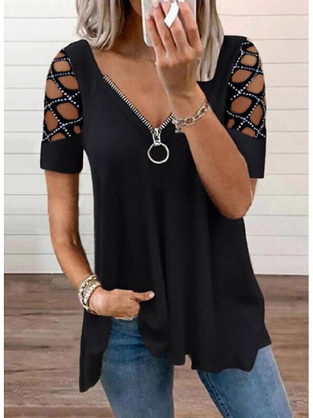  Mujer Blusa Camisa Plano Escote en Pico Cremallera Básico Tops Negro