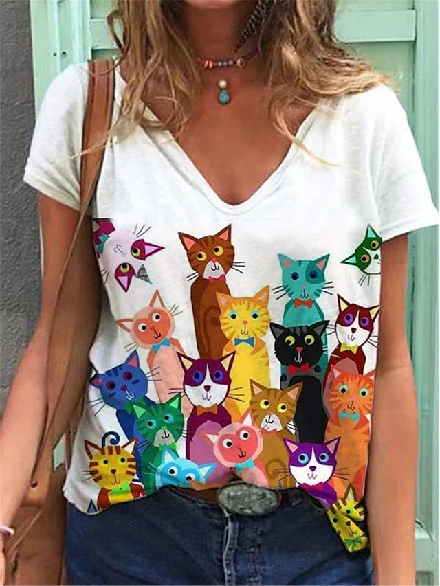  Women's Cat T shirt Cat Print V Neck Basic Tops White / 3D Print